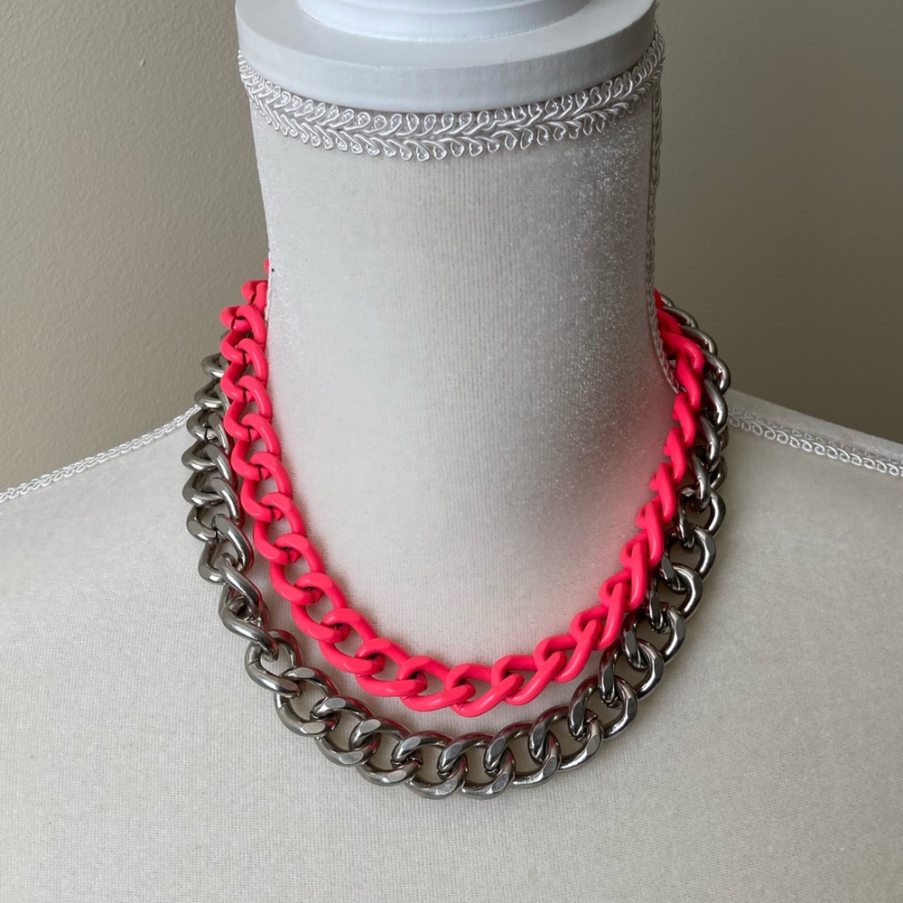 Heavy Chain Necklace - Double Strand Pink/Silver